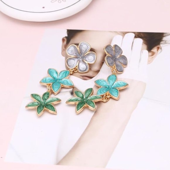 Floral Three Tier Gray Blue Green Flower Drip Oil Enamel Drop Earrings NEW - Picture 2 of 7